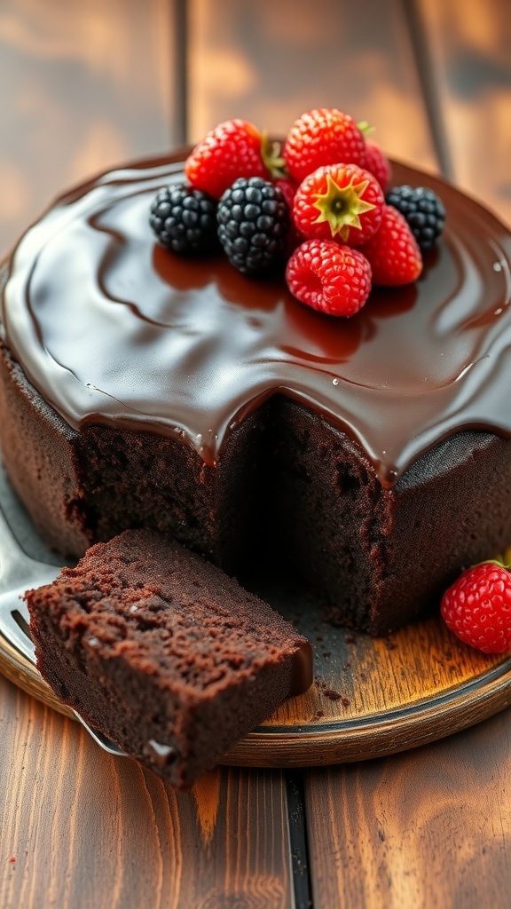 Moist chocolate cake with chocolate ganache and fresh berries on a wooden table.